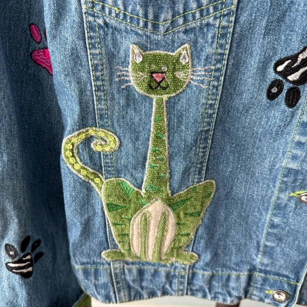 🐾 Blue Bayou Cat Embroidered Denim Jacket XL - Picture 9 of 15